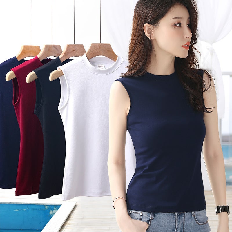 Half-high Collar T-Shirt Women's Sleeveless Base Shirt 2022 Summer New Style Slim-fit Solid Color Cotton Vest with Cam Sleeve - Image 2