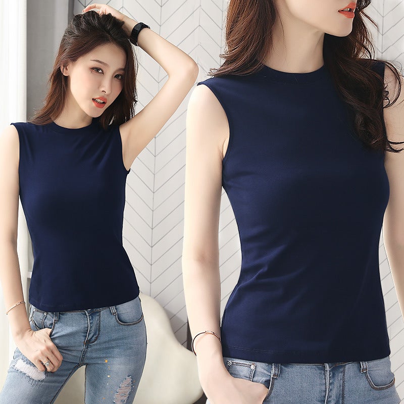 Half-high Collar T-Shirt Women's Sleeveless Base Shirt 2022 Summer New Style Slim-fit Solid Color Cotton Vest with Cam Sleeve - Image 3