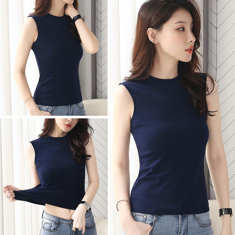Half-high Collar T-Shirt Women's Sleeveless Base Shirt 2022 Summer New Style Slim-fit Solid Color Cotton Vest with Cam Sleeve - Image 5