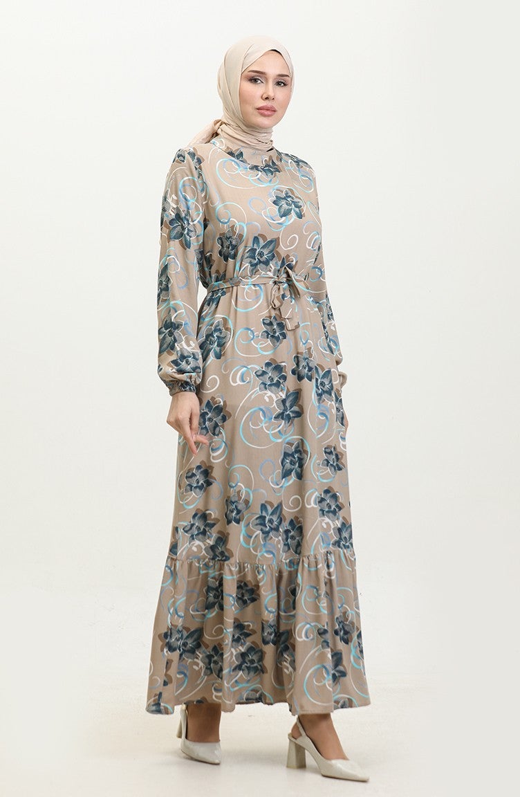 Sefa Merve Floral Belted Dress 0373-01 Mink - Image 2