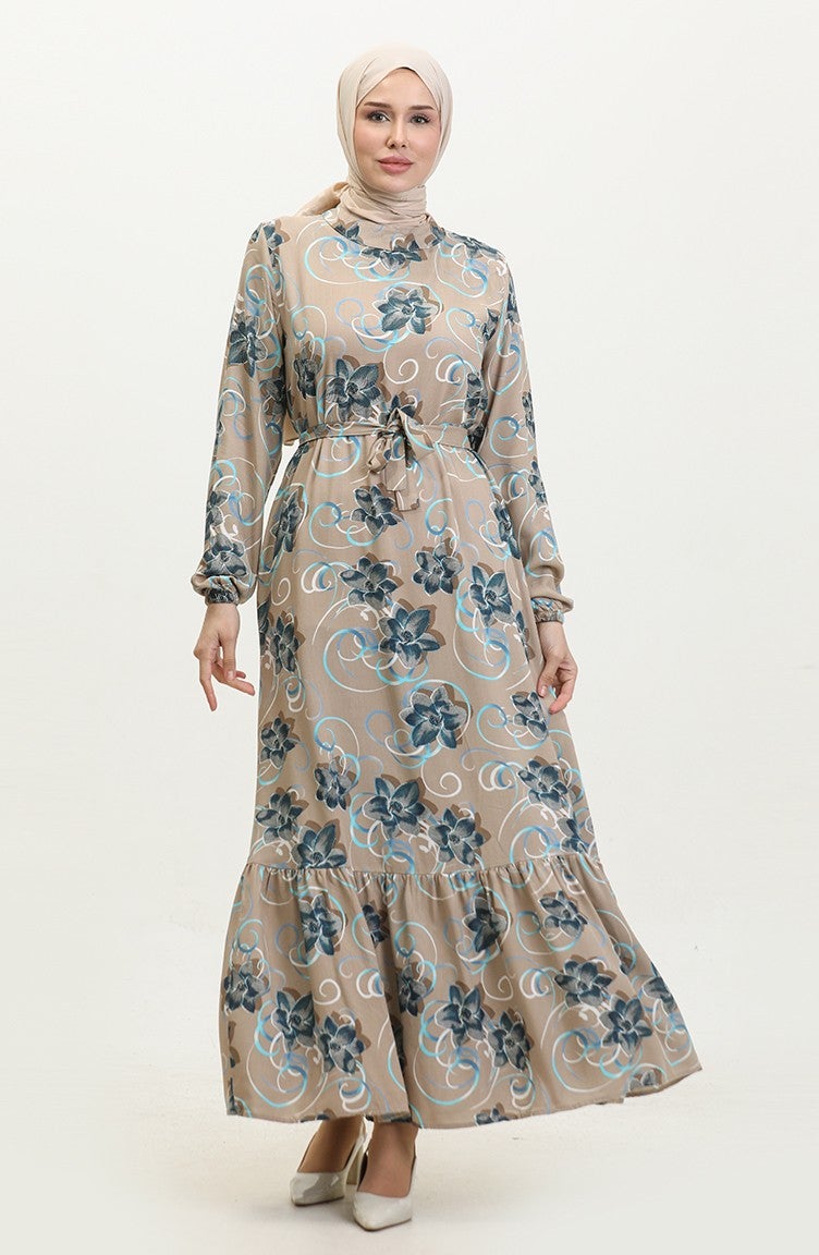 Sefa Merve Floral Belted Dress 0373-01 Mink - Image 1
