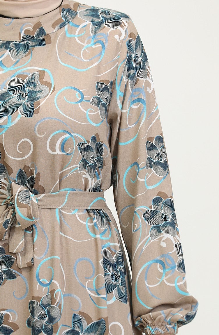 Sefa Merve Floral Belted Dress 0373-01 Mink - Image 4