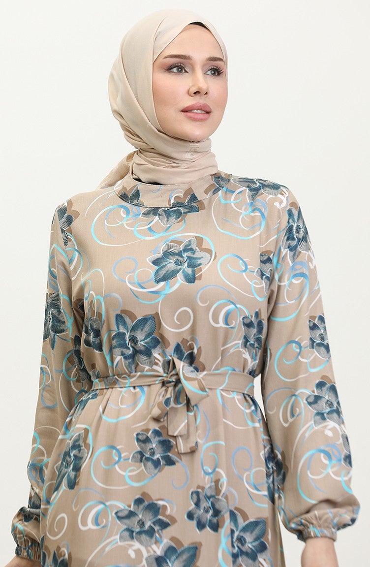 Sefa Merve Floral Belted Dress 0373-01 Mink - Image 3