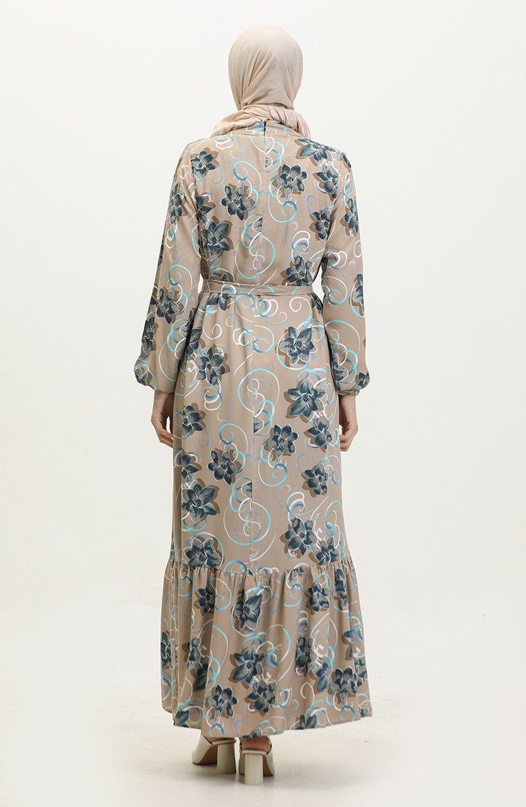 Sefa Merve Floral Belted Dress 0373-01 Mink - Image 5
