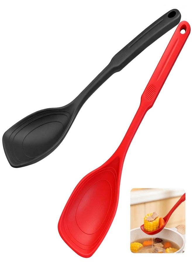 CATOSUM Silicone Serving Spoons 2-Piece Set, Black & Red Non-Stick Spoonula with Deep Bowl & Measurement Marks for Mixing, Serving, Scooping, Scraping - Kitchen Utensil Set - Image 1