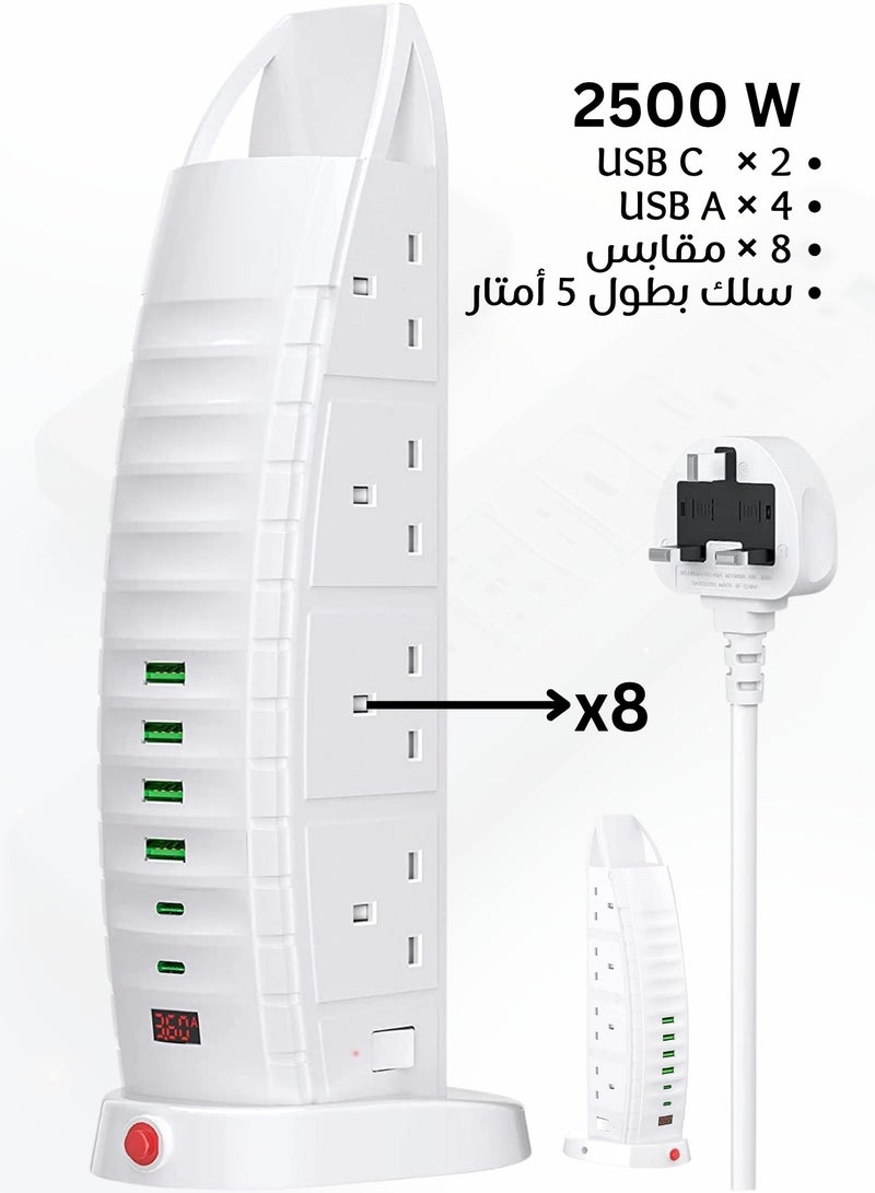 PowerMax 14-in-1 Power Tower Extension with 8 AC Outlets & 6 USB Ports, 5M Cord, 3250W / 13A, Overload Protection, Fire-Retardant Shell 750°C, UK Plug for Home & Office - Image 1