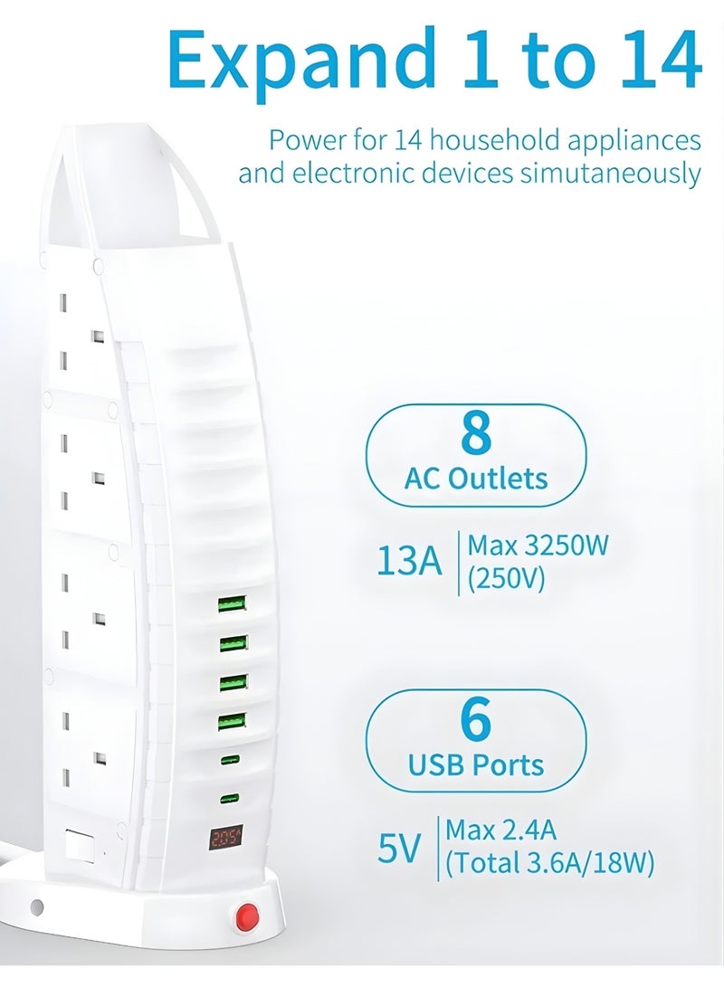 PowerMax 14-in-1 Power Tower Extension with 8 AC Outlets & 6 USB Ports, 5M Cord, 3250W / 13A, Overload Protection, Fire-Retardant Shell 750°C, UK Plug for Home & Office - Image 2