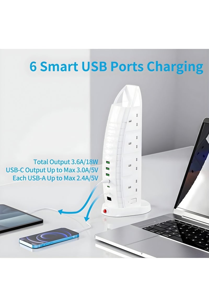 PowerMax 14-in-1 Power Tower Extension with 8 AC Outlets & 6 USB Ports, 5M Cord, 3250W / 13A, Overload Protection, Fire-Retardant Shell 750°C, UK Plug for Home & Office - Image 3