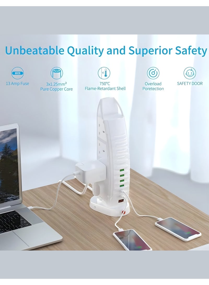 PowerMax 14-in-1 Power Tower Extension with 8 AC Outlets & 6 USB Ports, 5M Cord, 3250W / 13A, Overload Protection, Fire-Retardant Shell 750°C, UK Plug for Home & Office - Image 4