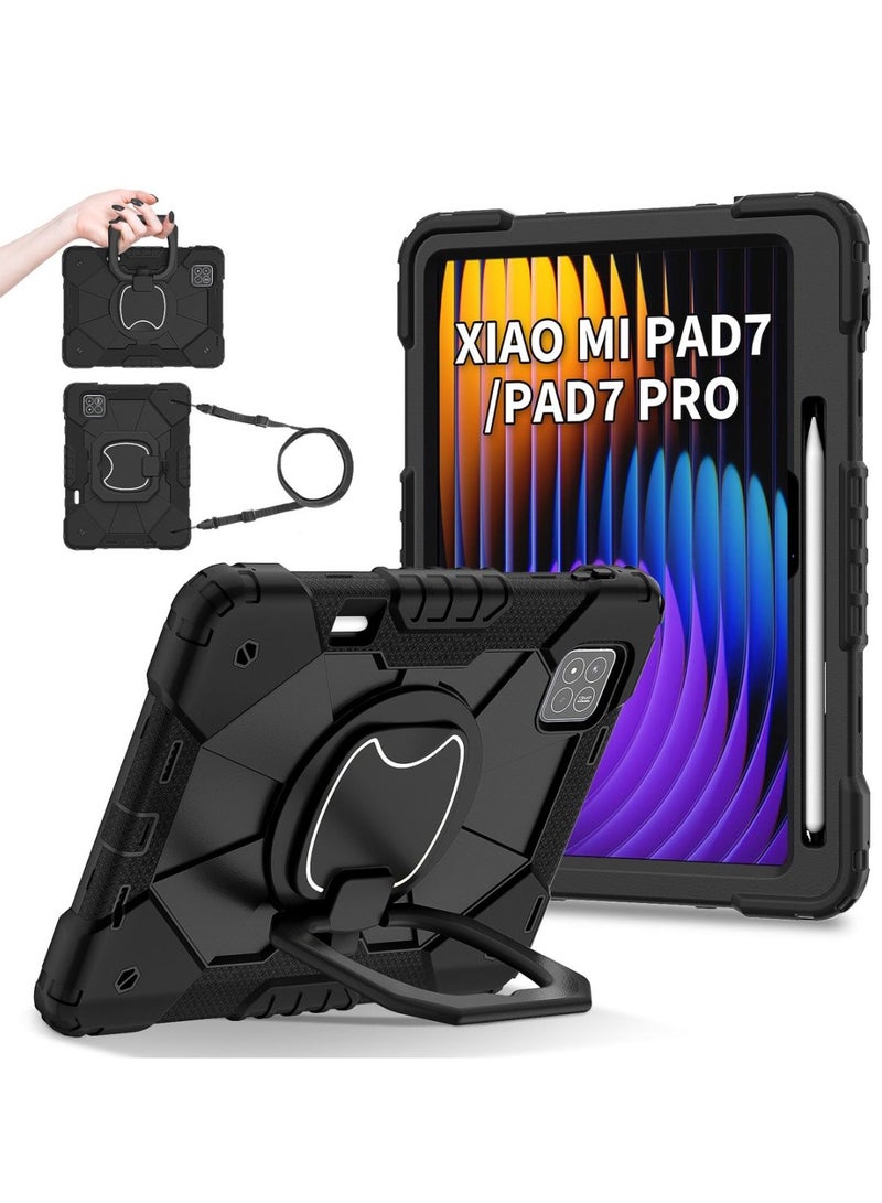 Tablet Case for Xiaomi Pad 7/ Xiaomi Pad 7 Pro 11.2 inch 360 Degree Rotating Multi-Function Grip Bracket Full Protective Shockproof Cover with Shoulder Strap Black - Image 1