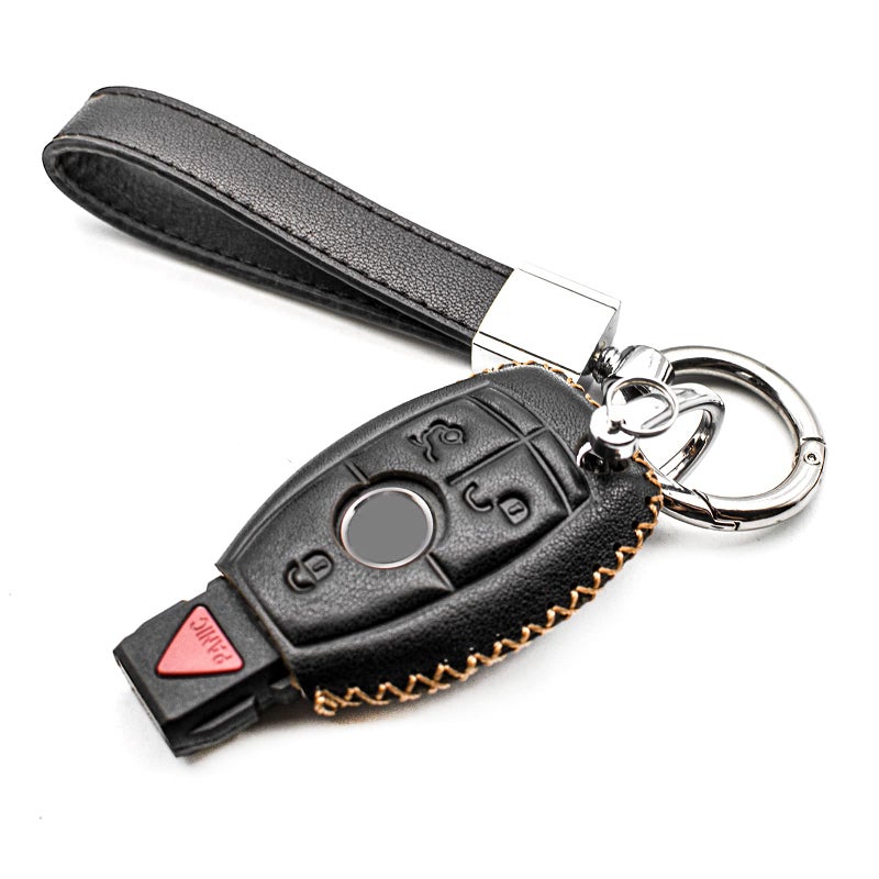 غطاء مفتاح جلد متوافق مع مرسيدس بنز C E S M CLS CLK G GL Class Smart 3 أو 4 أزرار باللون الأسود