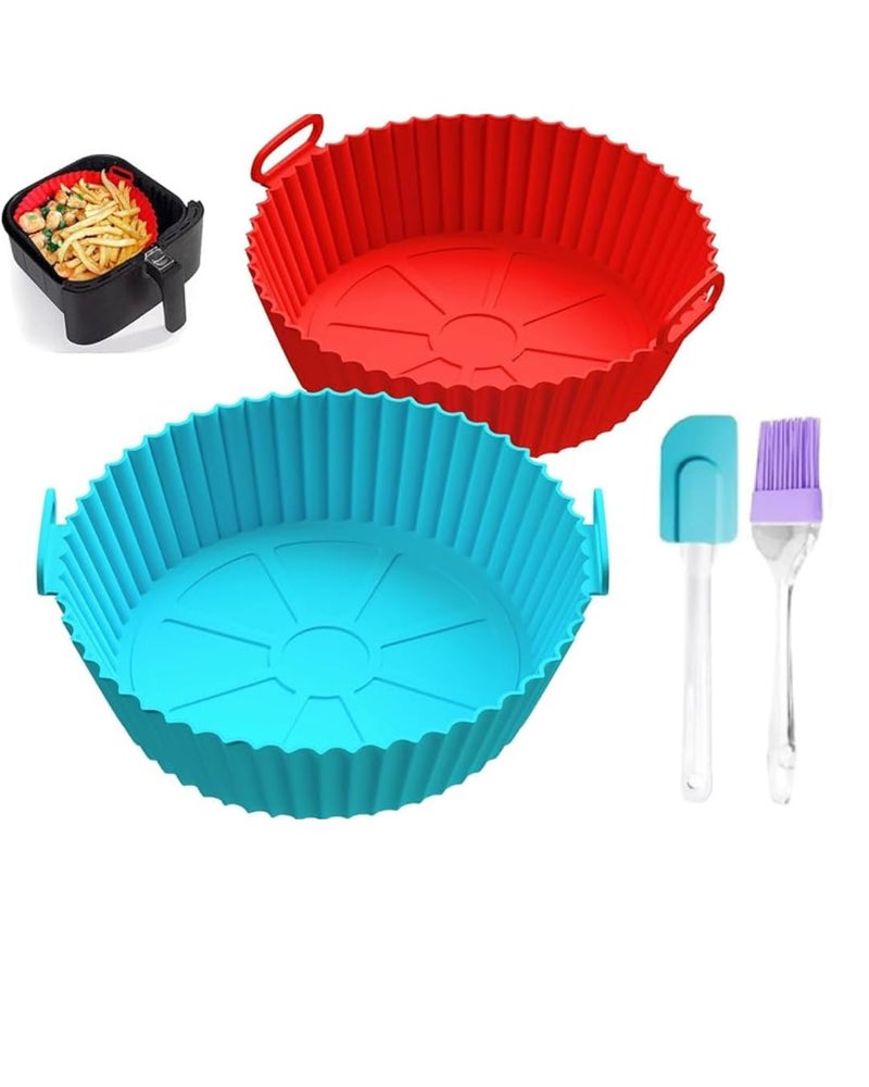 LIJIE Air Fryer Silicone Liners Round Basket Baking Tray with Handles 2Pack Blue and Red with Oil Brush and Spatula  - Image 1