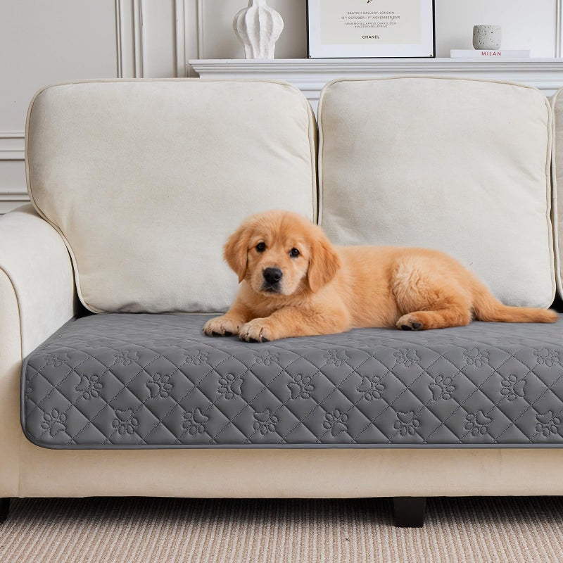 PAWFINITY Waterproof Couch Cover for Dogs, Paw Print Quilted Blanket for Sofa/Bed, Pet Hair Resistant, Pet-Friendly, Scratch Proof Protector for 2/3 Seat Couch, Washable Sofa Pad, 30x70 inch, Grey - Image 1
