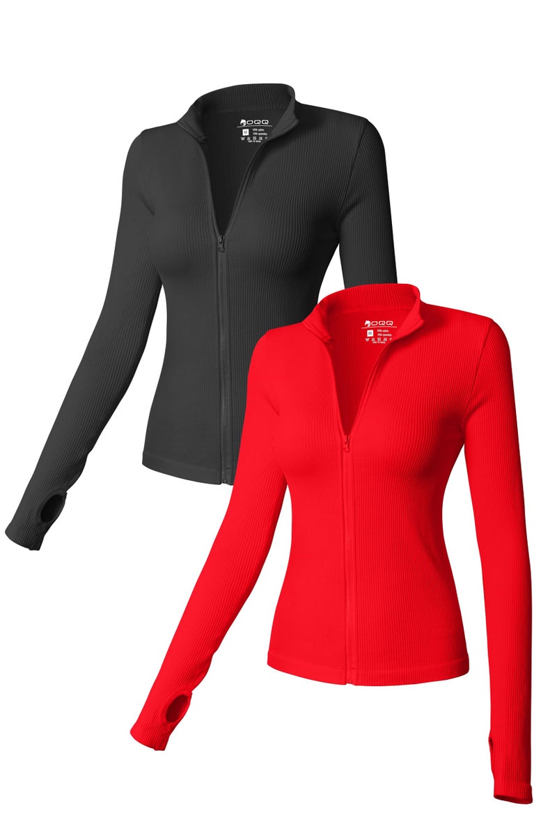 OQQ Womens 2 Piece Long Sleeve Tops Stand Neck Front Zipped Stretch Fitted Underscrubs Tee Shirts Tops Black Red - Image 1