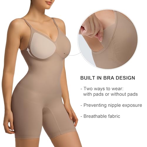 SHAPERX Women's Shapewear Tummy Control Bodysuit with Removable Pads Seamless Sculpting Mid Thigh Body Shaper,SZ5468-Sienna-S/M - Image 2