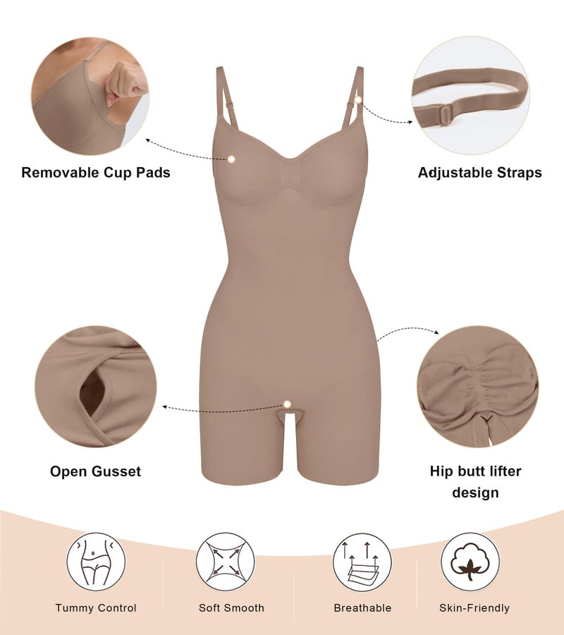 SHAPERX Women's Shapewear Tummy Control Bodysuit with Removable Pads Seamless Sculpting Mid Thigh Body Shaper,SZ5468-Sienna-S/M - Image 4