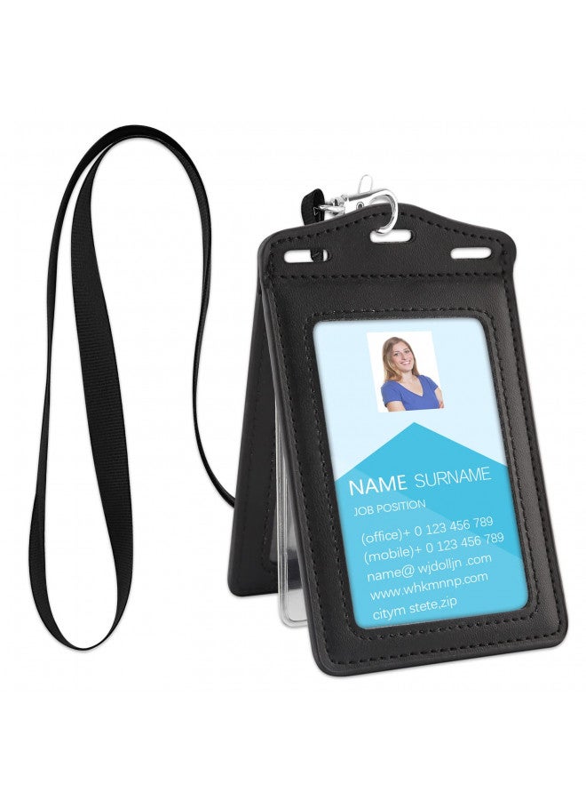 Vetoo Badge Holder Trifold,PU Leather ID Card Holder with Clear ID Window and Detachable Badge Lanyard for Business,Worker,Student,Black  - Image 1