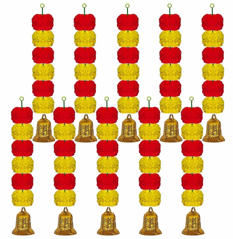 iHandikart iHandikart Marigold Garland Artificial Super Mini 6 Genda Fool with Bell in The Bottom Used for Diwali DecorationHome Decoration Color Yellow Red Pack of 10 3360210  - Image 1