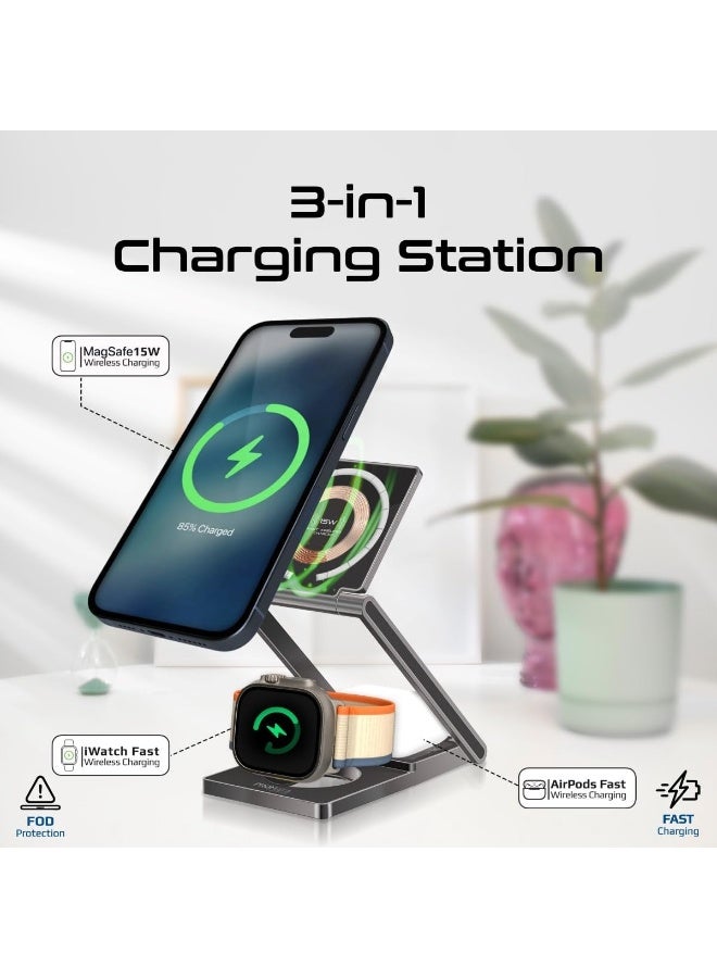 Rich Life 3-in-1 Magnetic Wireless Charging Station 15W | Transparent Foldable Charging Stand for Smartphone, AirPods & Apple Watch | Multi-Device Wireless Charger Dock, Magnetic Phone Stand & Portable Charging Station for Home, Office & Travel - Image 3