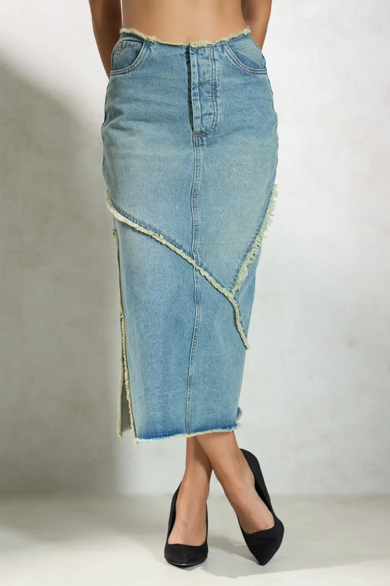 فيرجيو Cotton Denim Daywear Midi Slit Raw Edge Skirts for Women