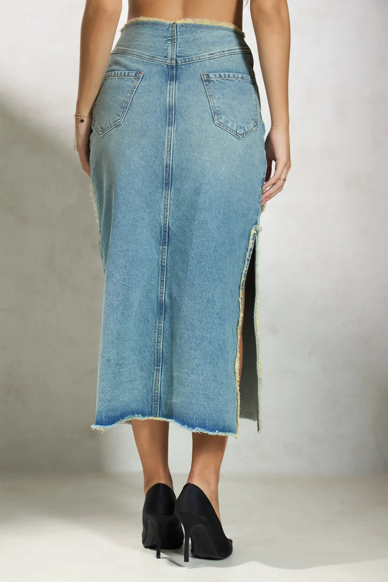 Virgio Cotton Denim Daywear Midi Slit Raw Edge Skirts for Women