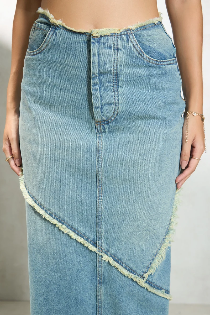 Virgio Cotton Denim Daywear Midi Slit Raw Edge Skirts for Women