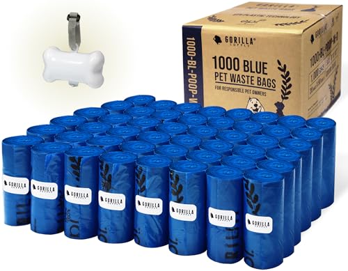 GORILLA SUPPLY 1000 Dog Poop Waste Bags with Dispenser and Leash Tie, 9" x 13", Blue, 1000 Count - Image 1
