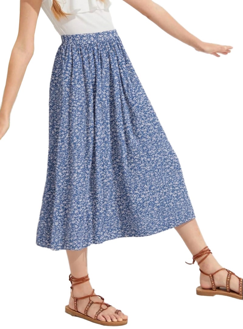 Seechoslo New 6-14 Years Girls Floral Maxi Skirt Boho Flowy A-Line Summer Midi Skirt with Elastic Waist (US, Age, 13 Years, 14 Years, Blue) - Image 1