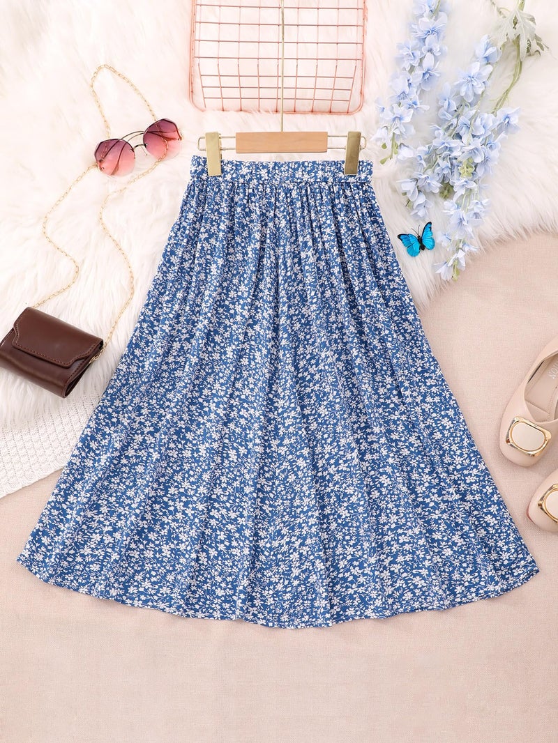 Seechoslo New 6-14 Years Girls Floral Maxi Skirt Boho Flowy A-Line Summer Midi Skirt with Elastic Waist (US, Age, 13 Years, 14 Years, Blue) - Image 3