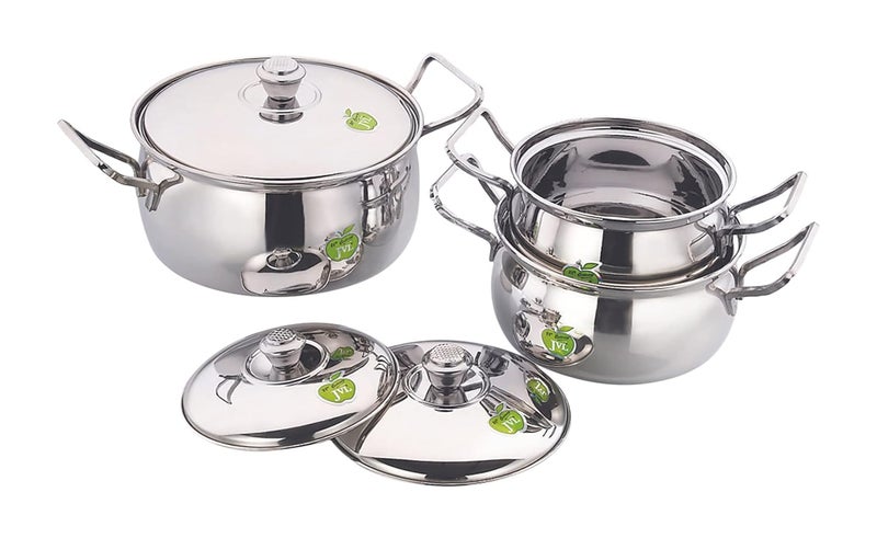 JVL Stainless Steel Cooking PotHandi with Lid Handle Set 850 1300 2200 ml 3Piece Plain Handi Set for Cooking Handi Set for Kitchen Handi for Cooking and Serving JVLBPP1 - Image 1