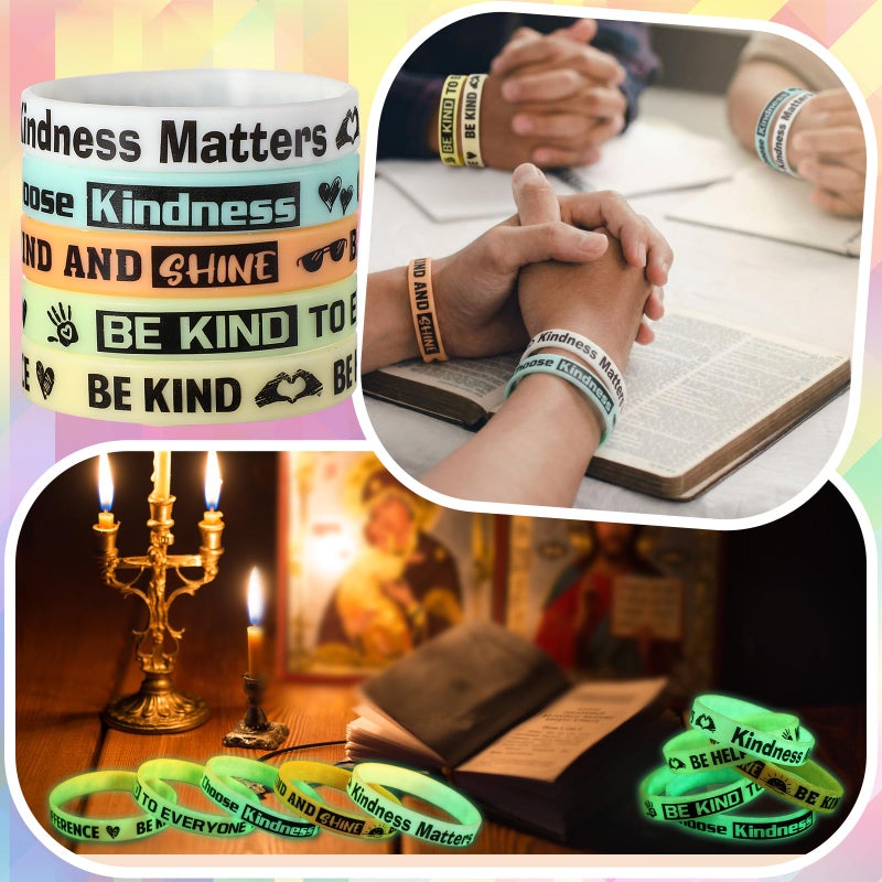 PullCrease 50 Pcs Be Kind Glow in the Dark Wristband Colored Motivational Bracelets Bulk Kindness Matters Silicone Wristbands for Blessing Favors - Image 4