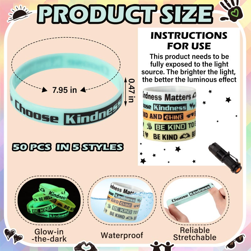 PullCrease 50 Pcs Be Kind Glow in the Dark Wristband Colored Motivational Bracelets Bulk Kindness Matters Silicone Wristbands for Blessing Favors - Image 2