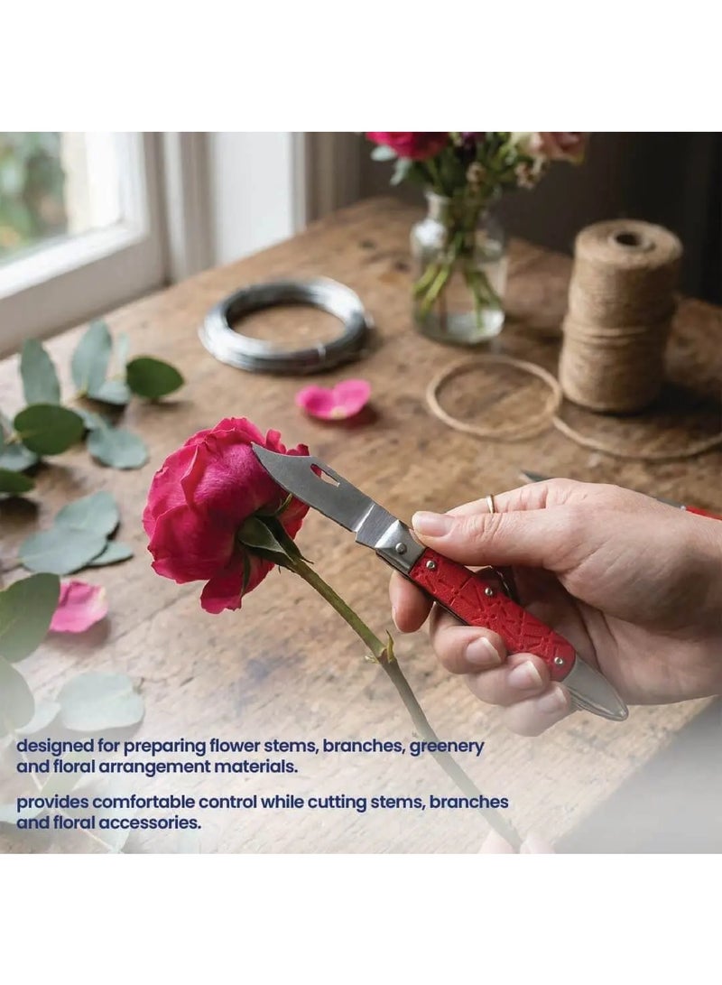 Si Bonne Professional Florist Folding Knife Pro, Sharp Stainless Steel Floral Cutting Tool for Flowers, Thick Stems, Branches & Floral Foam, Red Handle - Image 3