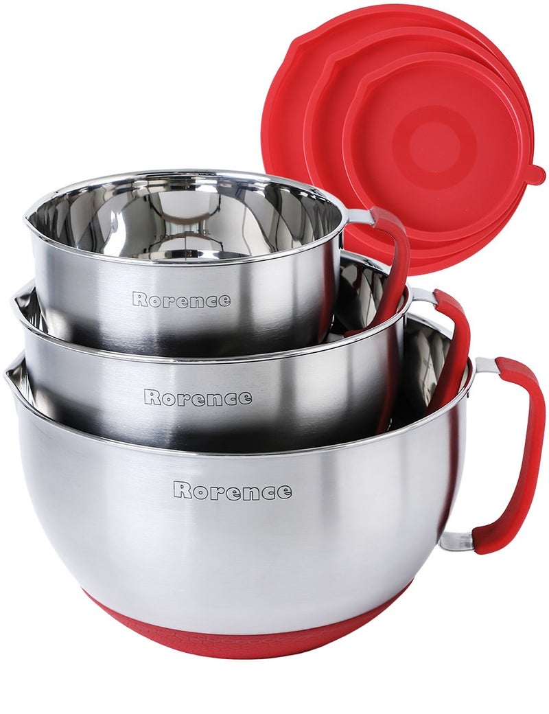 Rorence Mixing Bowls with Lids Set Stainless Steel Mixing Bowls with Handles NonSlip Bottom  Pour Spout  Red 3 quarts