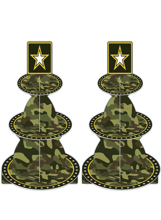 DodelyGz 2Pcs Military Army Camouflage Cupcake Stand,3 Tier Sturdy Cardboard Food Display Cupcakes Tower Holder for Army Themed Party Camo Birthday Party Decor - Image 1