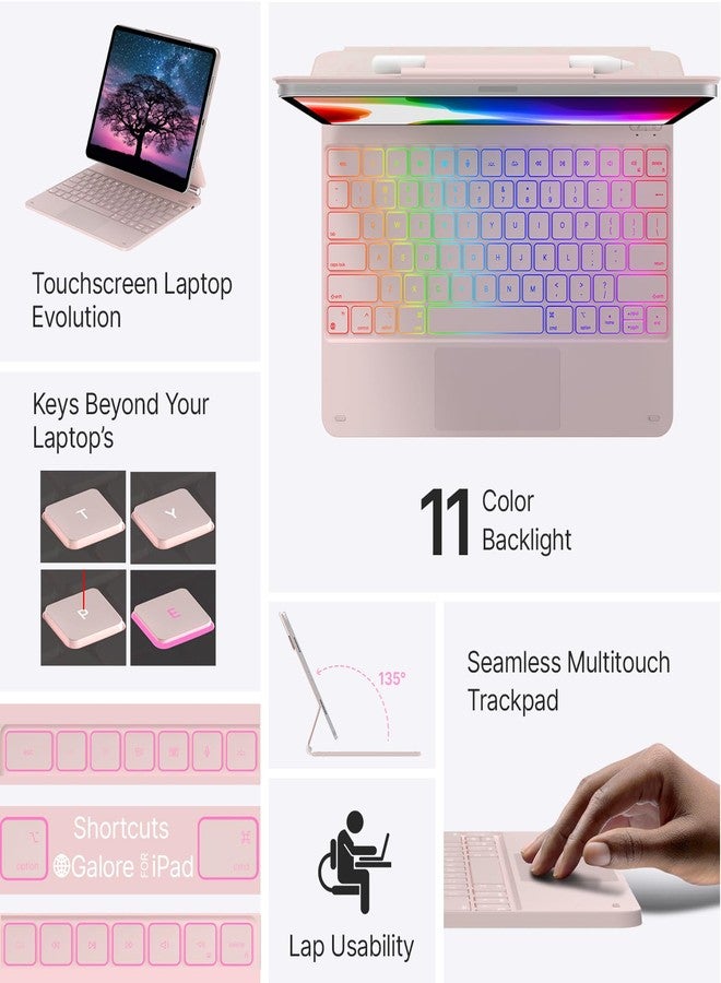 typecase جراب لوحة مفاتيح Typecase Edge لجهاز iPad Air مقاس 13 بوصة (2024 M2) و iPad Pro مقاس 12.9 بوصة (الجيل السادس/الخامس/الرابع/الثالث)، لوحة مفاتيح Magic Keyboard بإضاءة خلفية بـ 11 لونًا، لوحة لمس مدمجة، صف وظائف، حامل قلم، لون وردي ملكي فاتح - Image 3