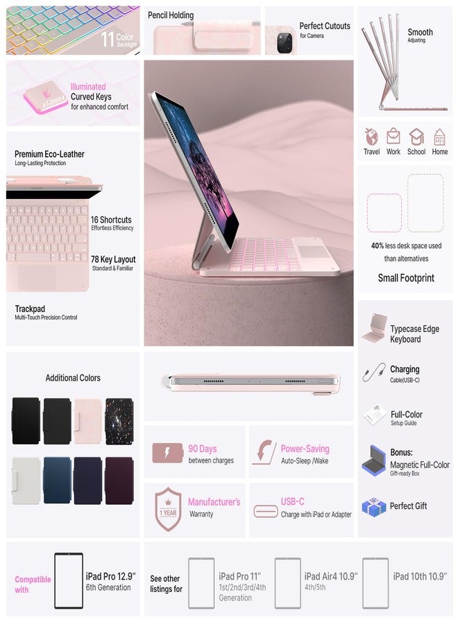 typecase جراب لوحة مفاتيح Typecase Edge لجهاز iPad Air مقاس 13 بوصة (2024 M2) و iPad Pro مقاس 12.9 بوصة (الجيل السادس/الخامس/الرابع/الثالث)، لوحة مفاتيح Magic Keyboard بإضاءة خلفية بـ 11 لونًا، لوحة لمس مدمجة، صف وظائف، حامل قلم، لون وردي ملكي فاتح - Image 5