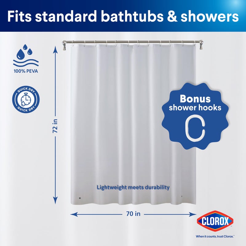 CLOROX Shower Curtain Liner & Hooks, Premium Lightweight Flexible Waterproof 4g PEVA for Bathroom with Weighted Magnets, Standard Size 70" x 72", Frosty 1 Pack - Image 2