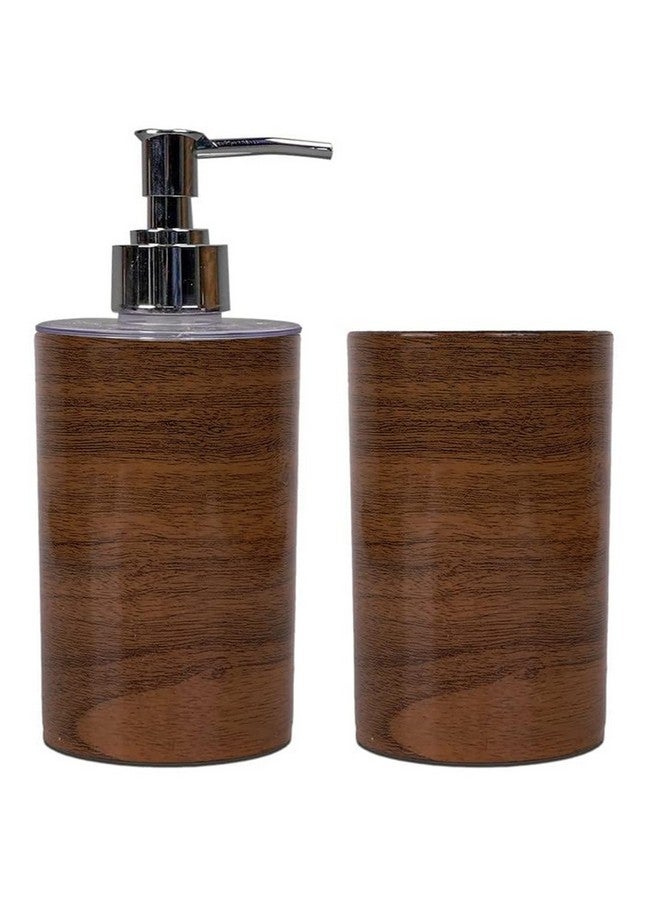 Shenron Bathroom Accessories Set For Utility And Bathroom Decor | Liquid Soap Dispenser And Toothbrush Holder Combo Color- Wooden, Brown - Image 1