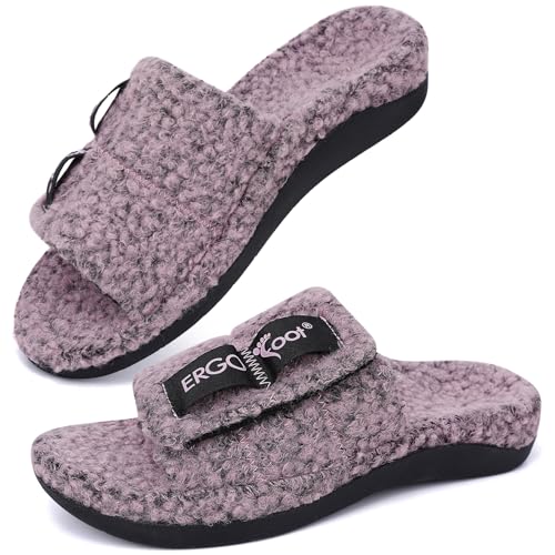 ERGOfoot Fuzzy House Slippers with Arch Support for Women Men, Orthopedic Slide Slippers for Plantar Fasciitis Open Toe Indoor House Shoes with Adjustable Straps, Foot Pain Relief/Pink Purple Marl - Image 1