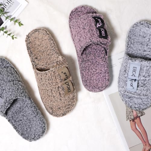 ERGOfoot Fuzzy House Slippers with Arch Support for Women Men, Orthopedic Slide Slippers for Plantar Fasciitis Open Toe Indoor House Shoes with Adjustable Straps, Foot Pain Relief/Pink Purple Marl - Image 2