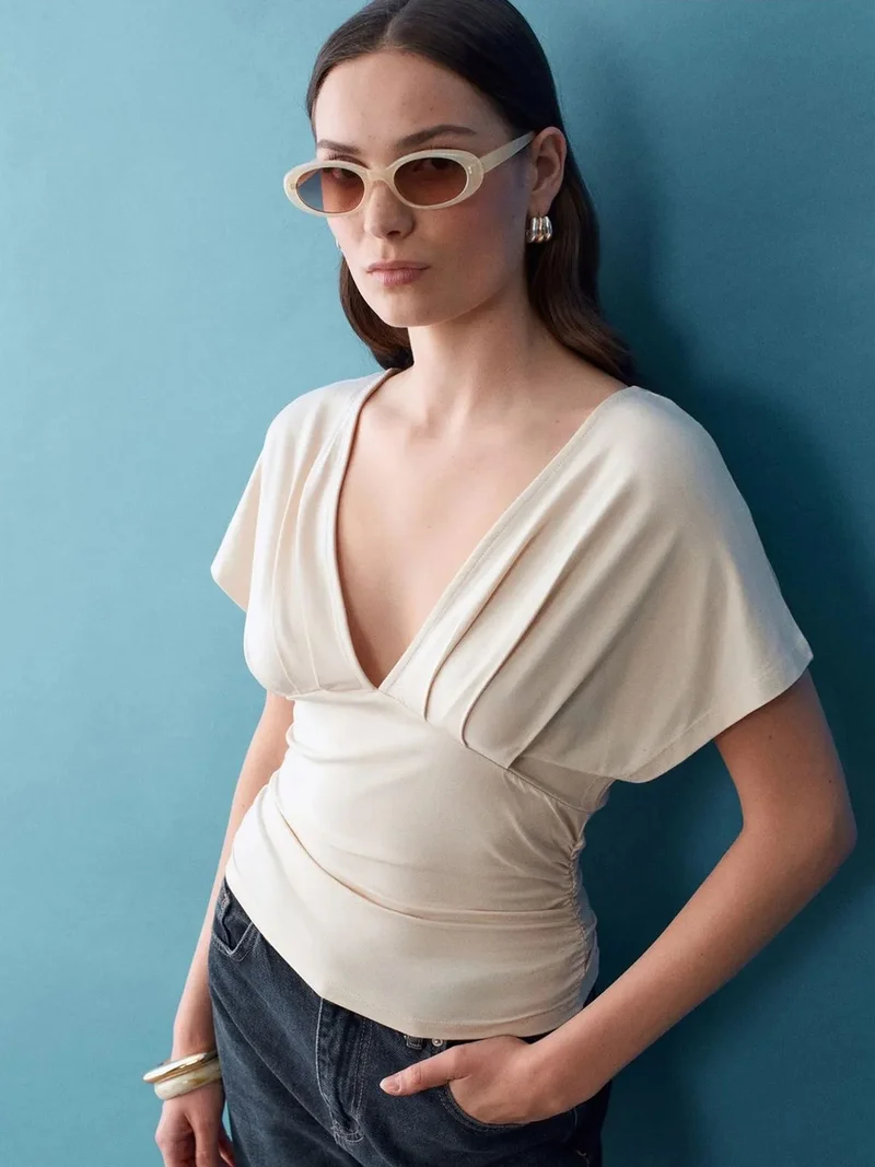 Dilvin DILVIN Slim Fit V-Neck Tie Detail Blouse