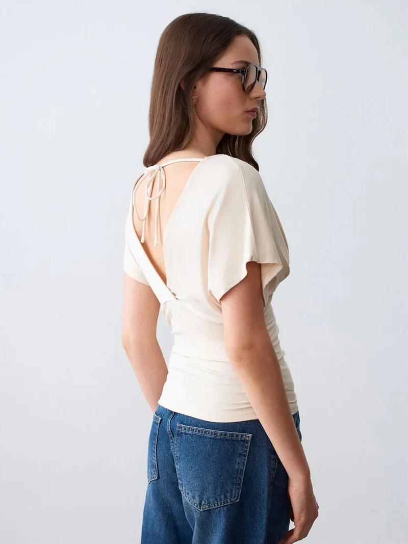 Dilvin DILVIN Slim Fit V-Neck Tie Detail Blouse
