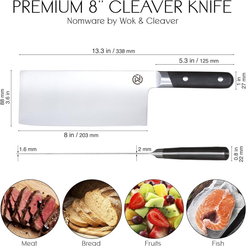 Nomware 8” Vegetable Cleaver, 59 Rockwell Hardness, 9cr Stainless Steel, Chacate Preto Wood Handle - Image 2