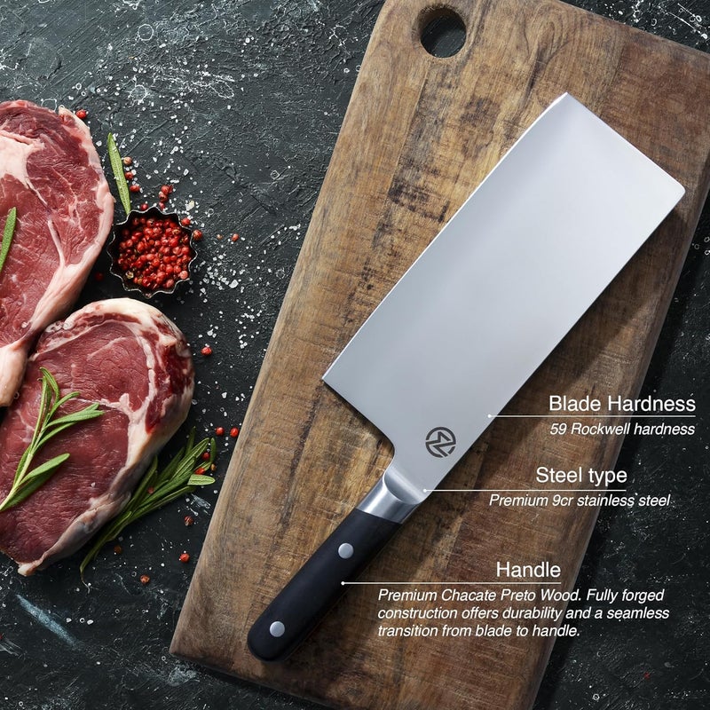 Nomware 8” Vegetable Cleaver, 59 Rockwell Hardness, 9cr Stainless Steel, Chacate Preto Wood Handle - Image 3