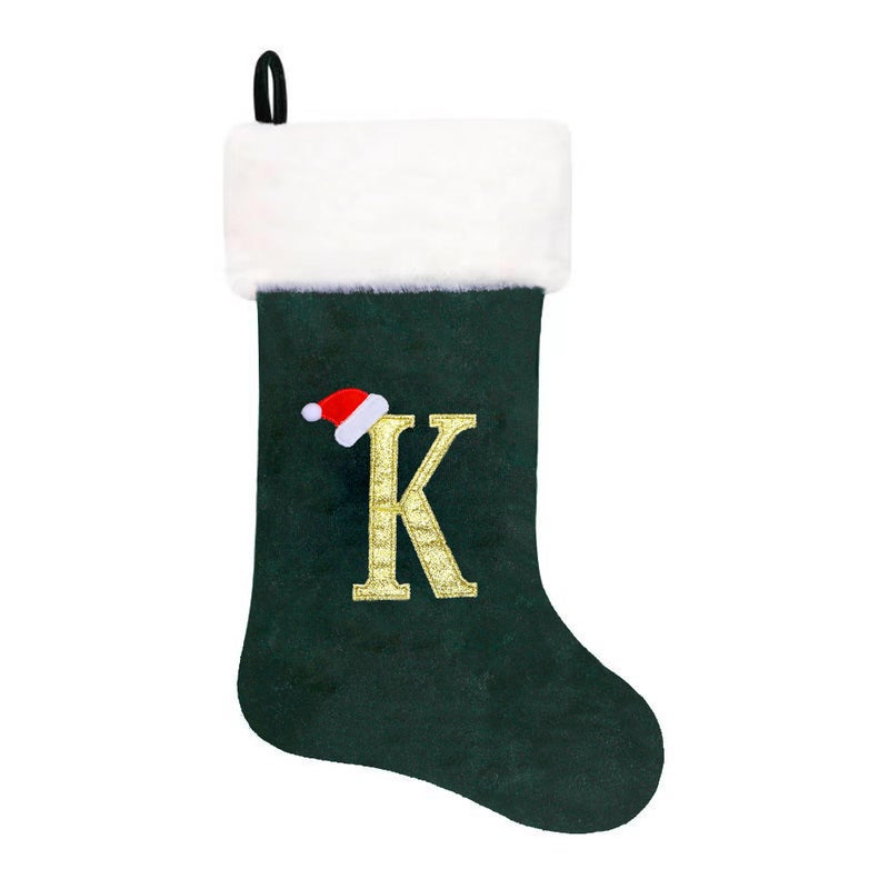 Eoocan 20 Inches Monogram Christmas Stockings Green Velvet With White Super Soft Plush Cuff Embroidered Xmas Stocking Classic Personalized Stocking Decoration For Family Holiday Season Decor(Letter K)