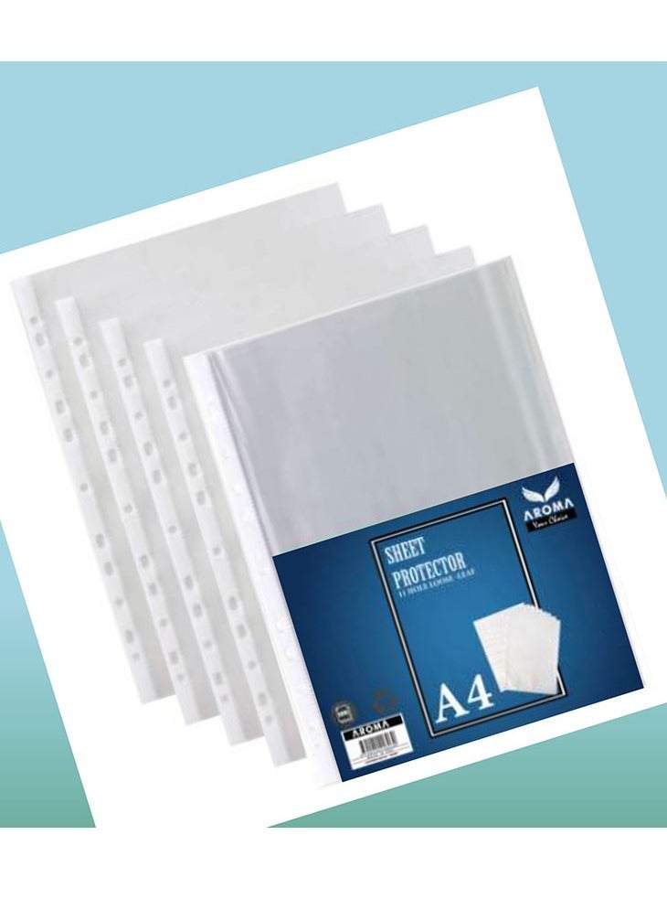 Aroma A4 Sheet Protectors 50 Micron – Durable Transparent Plastic Sleeves for Documents (Pack of 100) Clear A4 Document Protectors  Hole Punched Sleeves for Files and Binders Aroma A4 Sheet Protectors  High Quality Plastic Sleeves for Office and School Use - Image 1
