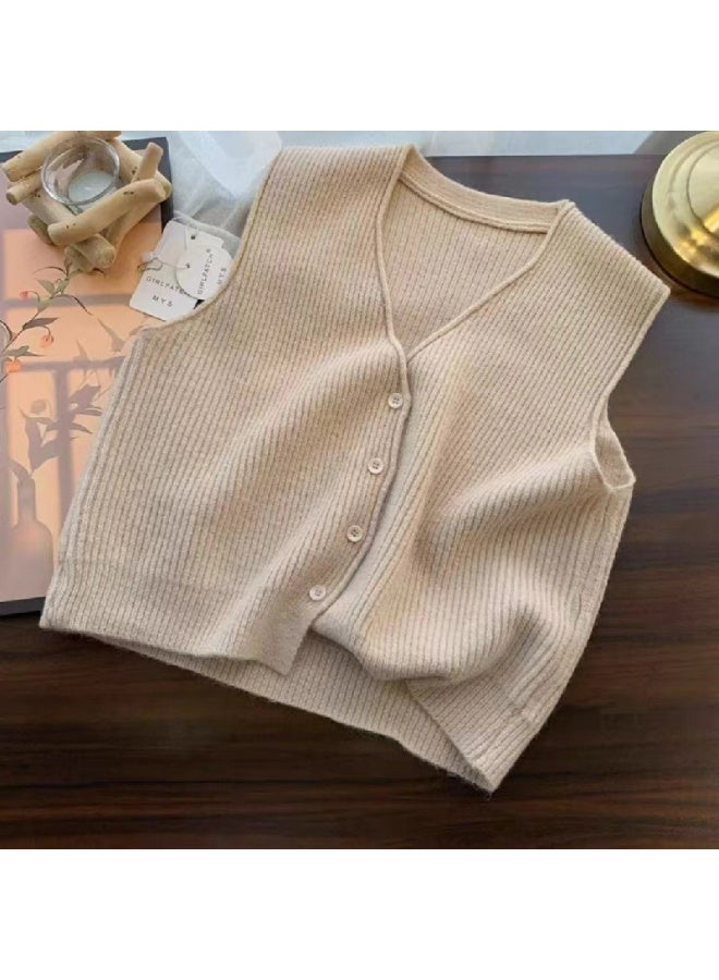 NIBEMINENT Women Loose Knitted Button Vests Autumn Female Deep V Neck Sleeveless Knitwear Cardigan Tops - Image 1