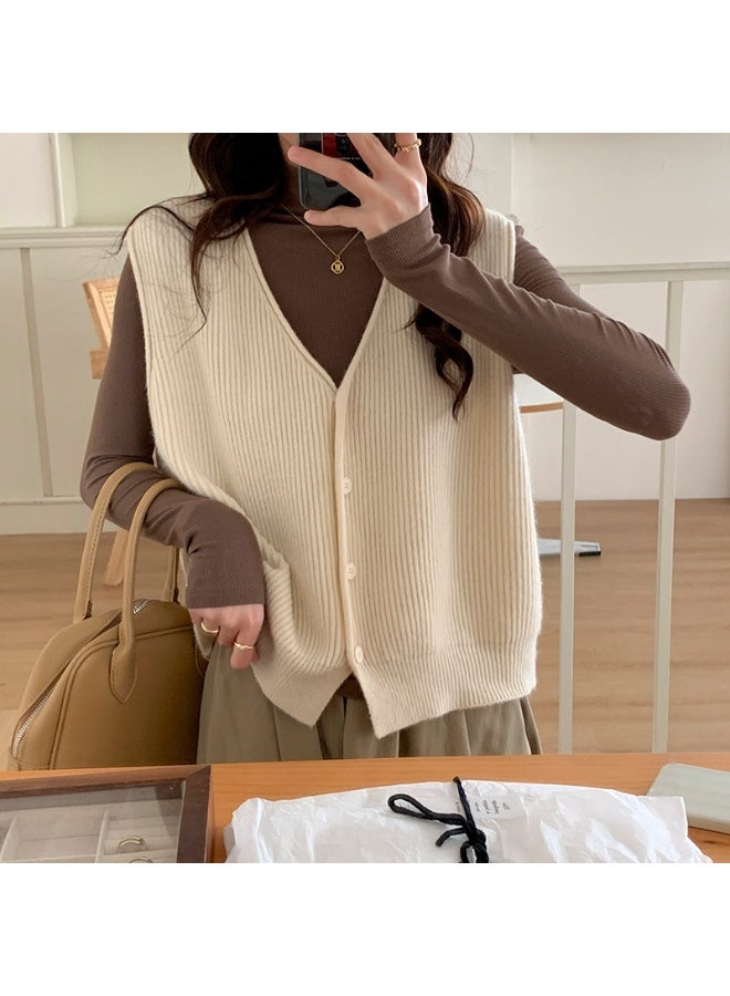 NIBEMINENT Women Loose Knitted Button Vests Autumn Female Deep V Neck Sleeveless Knitwear Cardigan Tops - Image 2