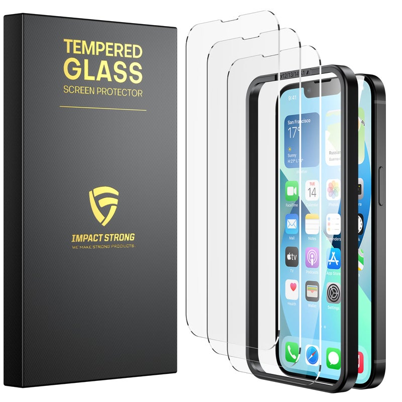 ImpactStrong Shatterproof Tempered Glass Screen Protector for iPhone 14 [Easy Installation Frame] [Bubble Free] [9H Hardness] [Full Coverage] Case Friendly, 6.1 Inch - (3-Pack) - Image 1